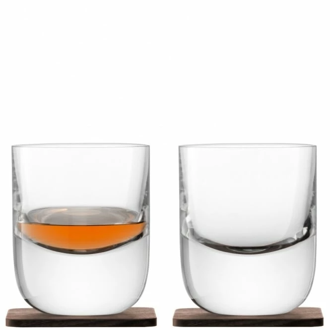 LSA International Set of 2 Whisky Renfrew Tumblers On Walnut Coasters 3 LSA International Set of 2 Whisky Renfrew Tumblers On Walnut Coasters