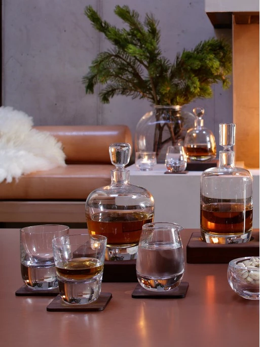 LSA International Set of 2 Whisky Renfrew Tumblers On Walnut Coasters 6 LSA International Set of 2 Whisky Renfrew Tumblers On Walnut Coasters