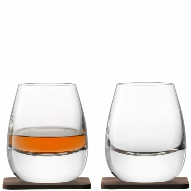 LSA International Set Of 2 Whisky Islay Tumblers On Walnut Coasters 3 LSA International Set Of 2 Whisky Islay Tumblers On Walnut Coasters