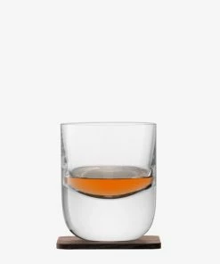 LSA International Set of 2 Whisky Renfrew Tumblers On Walnut Coasters 8 LSA International Set of 2 Whisky Renfrew Tumblers On Walnut Coasters