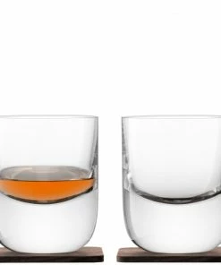 LSA International Set of 2 Whisky Renfrew Tumblers On Walnut Coasters
