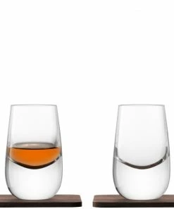 LSA International Set of 2 Whisky Islay Shot Glasses on Walnut Coasters