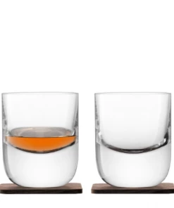 LSA International Set of 2 Whisky Renfrew Tumblers On Walnut Coasters